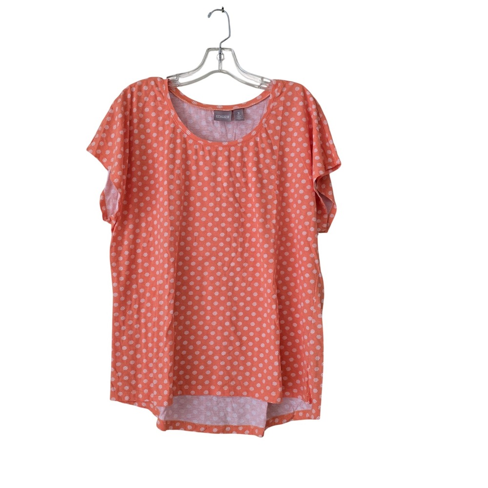 Chico's Coral‎ Orange Polka Dot Scoop Neck High Low Short Sleeve Top Size 3 XL